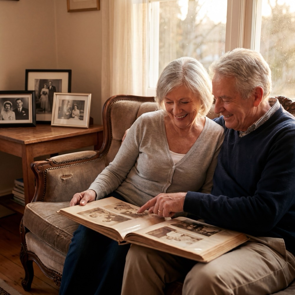 Couple looking at old photos and memories together