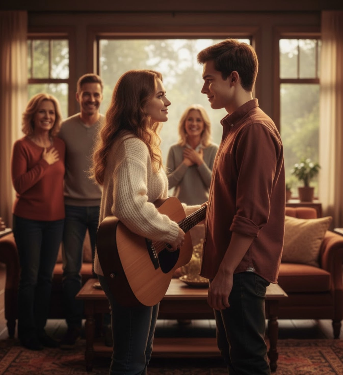 A young couple gazes lovingly at each other, the girl holding a guitar, while a smiling family watches them from behind in a warmly lit, cinematic living room.