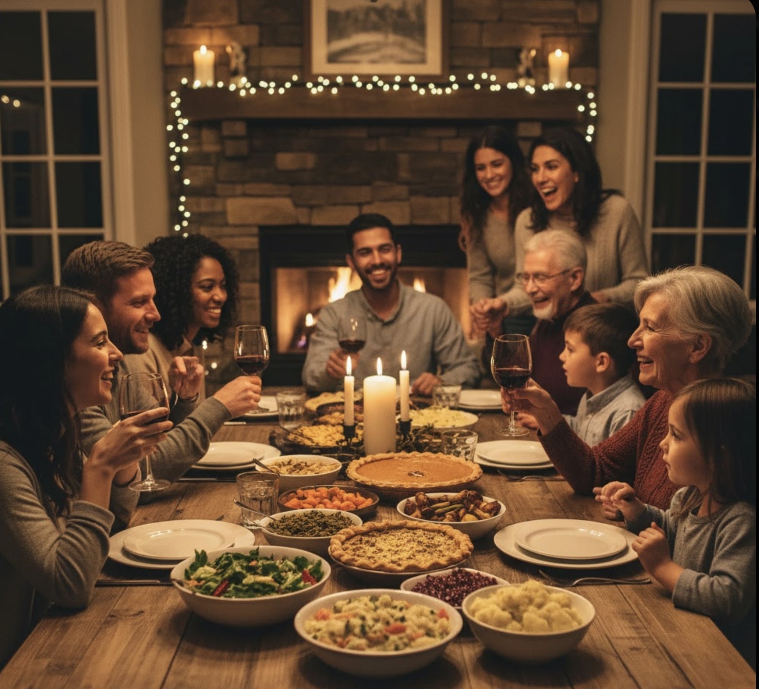 A family celebrating Thanksgiving together with sparkles in hand before eating dinner